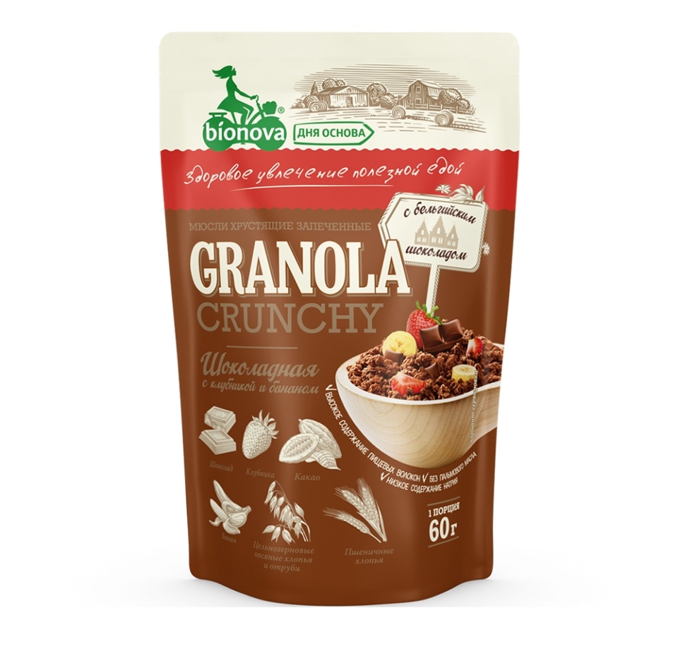 

Мюсли хрустящие запеченные Bionova шоколадные с клубникой и бананом 60 г