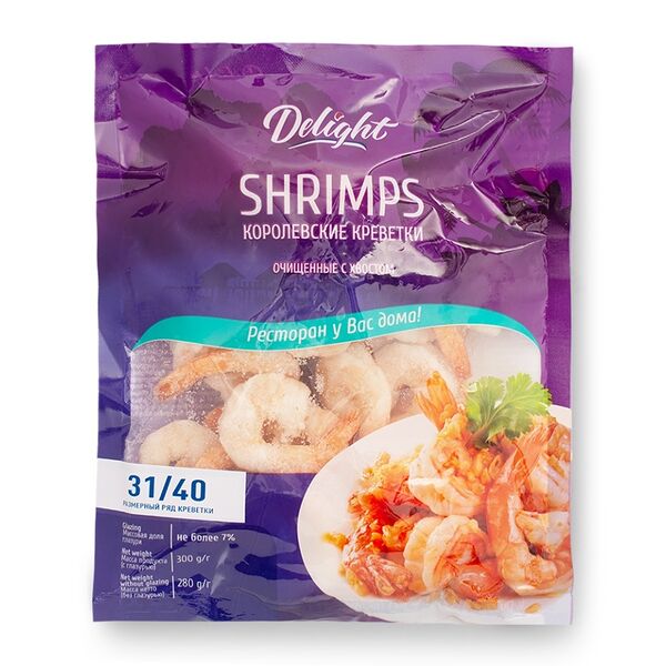 Креветки ваннамей варёно-мороженые очищенные с хвостом, калибр 31/40 в кг, Delight