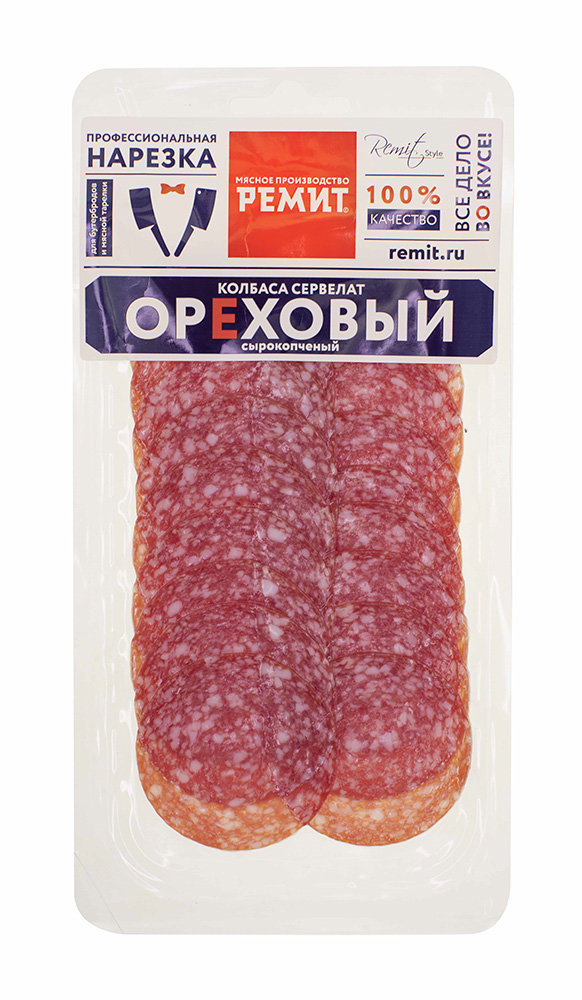 

Сервелат сырокопчёный Ремит Ореховый полусухой нарезка 70 г