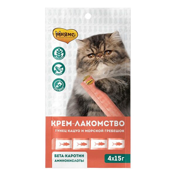 Крем-лакомство Мнямс для кошек Тунец Кацуо и Морской гребешок, 15 г. х 4 шт.