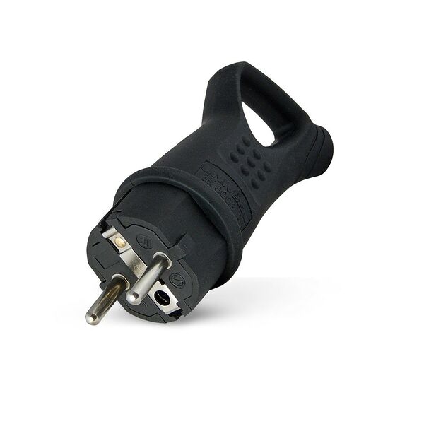 Вилка угловая, заземление, каучук, 16А, 250В, IP44, с ушком, 4х4х11.5 см