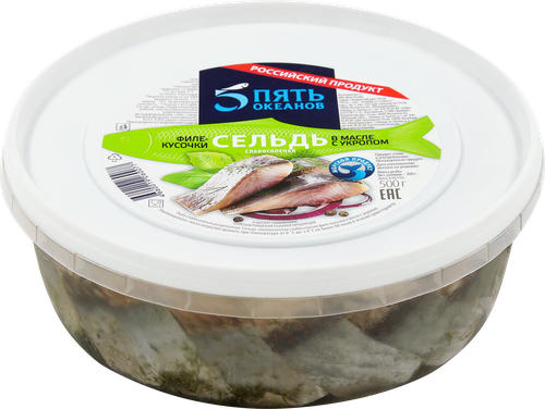 

Сельдь слабосоленая Пять океанов филе-кусочки в масле с укропом 500 г