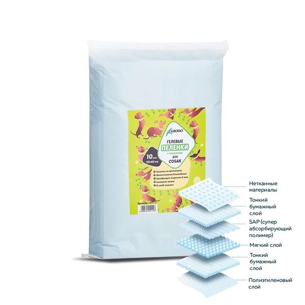 Пеленки гелевые для собак на липучках, 90х60см, 10шт