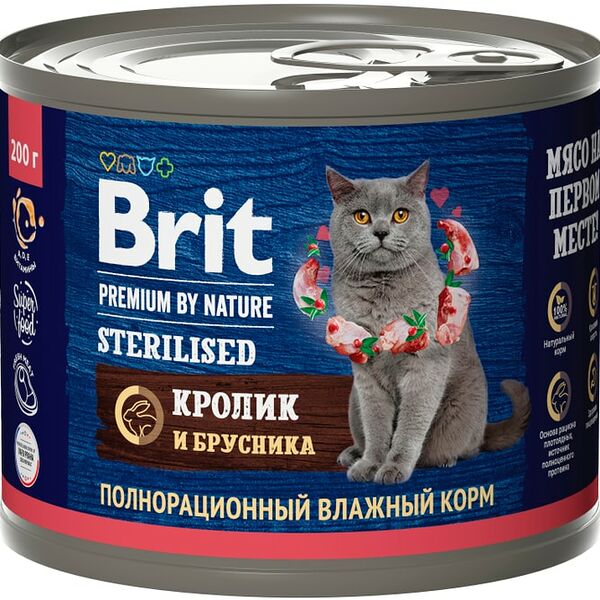 Влажный корм для кошек Brit Premium by Nature с мясом кролика и брусникой для стерилизованных 200г