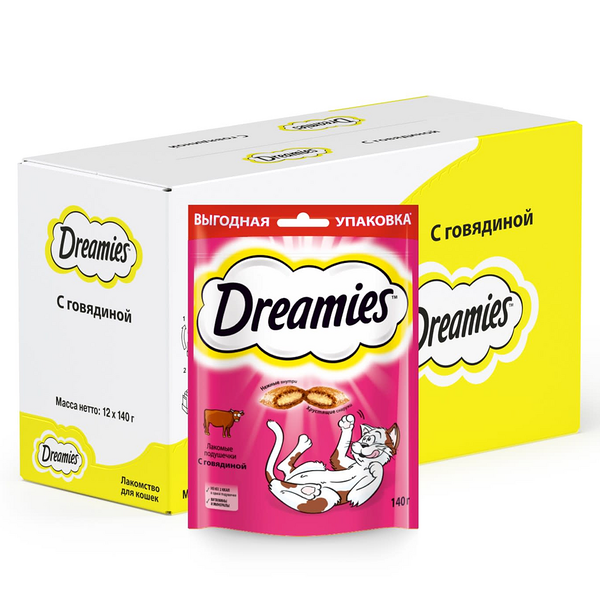 Лакомство Dreamies Лакомые подушечки для взрослых кошек с говядиной, 140 г х 12 шт