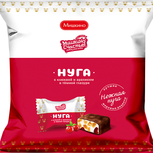 Конфеты МИШКИНО СЧАСТЬЕ Нуга с арахисом и клюквой, глазированные, 240г