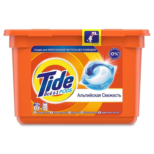 Капсулы для стирки Tide Альпийская свежесть 3 в 1, 15 штук