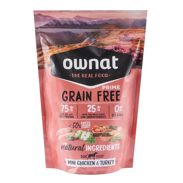 Prime Mini корм Ownat сухой для собак мелких пород беззерновой, с курицей и индейкой, 400 гр.