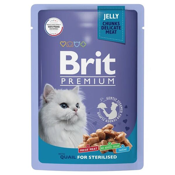Корм влажный Brit Premium для стерелизованных кошек Перепел в желе
