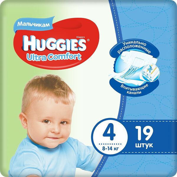 Huggies подгузники Ultra Comfort 4 (8-14кг) для мальчиков № 19 шт