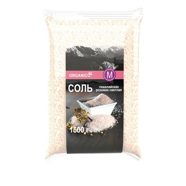Соль пищевая гималайская розовая светлая каменная Organico M средняя 1500г в пак