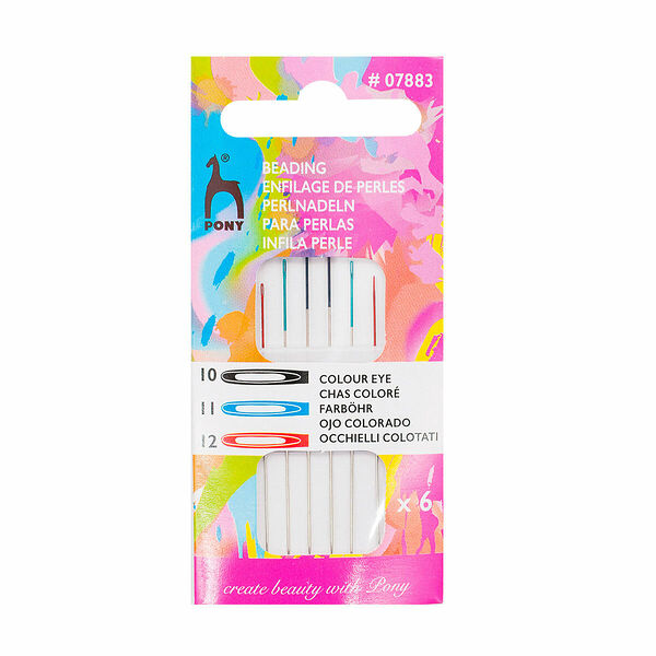 07883/02 Иглы для бисера с цветн. ушком, №10, 11, 12, сереб./черн./голуб./красн., упак.6 шт, PONY