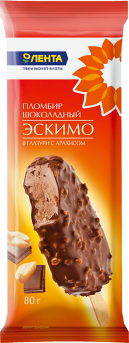 

Мороженое Лента Пломбир шоколадный в шоколадной глазури с орехами, без змж, эскимо 80 г