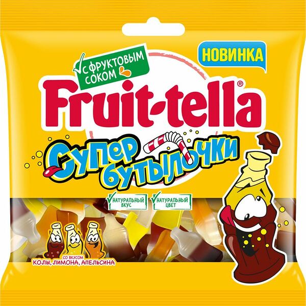 Мармелад FruitTella Супер Бутылочки жевательные со вкусами колы, апельсина, лимона, 100г