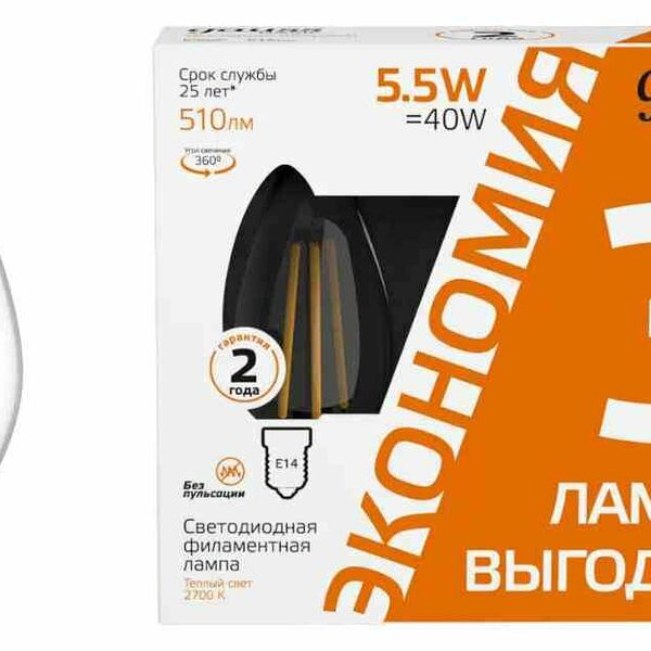 Лампа LED Gauss 1031116T Basic Filament Свеча 2700К Е14 3 шт., 5,5 Вт