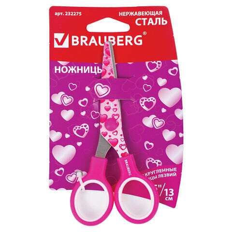 Ножницы Brauberg Kid Series 130мм малиновые с цветной печатью Сердечки закруг 232275