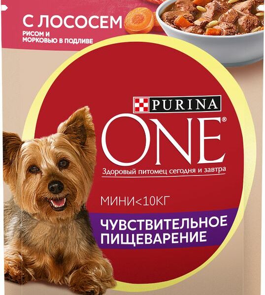 Корм влажный Purina one Мини чувствительное пищеварение с лососем-рисом-морковью в подливе для собак 85г