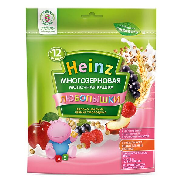 Каша детская Heinz Любопышки молочная многозерновая яблоко-малина-черная смородина с 12 месяцев