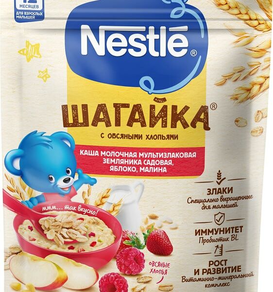 Каша Nestle Шагайка Молочная мультизлаковая Земляника-Яблоко-Малина с 12 месяцев