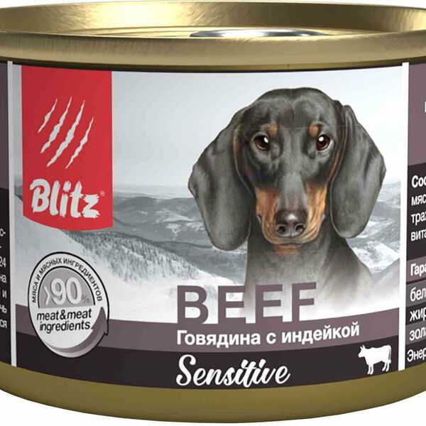 Корм Blitz Sensitive Dog Beef & Turkey (Pate) Говядина с индейкой для собак всех пород и возрастов, паштет 200 г