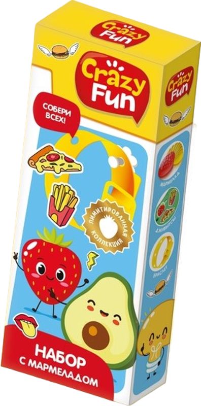 

Мармелад Конфитрейд Crazy Fun жевательный со вкусом апельсина, яблока, клубники, персика, манго с подарком 10 г