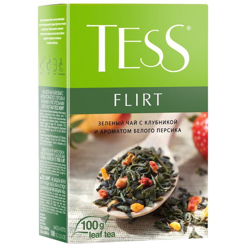 

Чай зелёный Tess Flirt с клубникой и ароматом белого персика 100 г