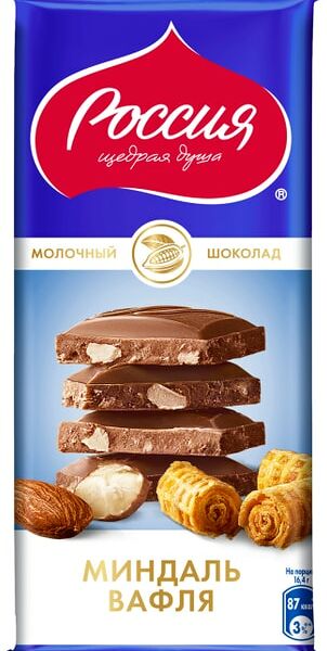 Шоколад Россия - щедрая душа молочный с миндалем и вафлей 82г