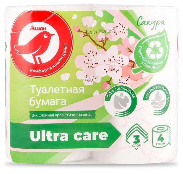 Туалетная бумага Ашан Красная птица Сакура 3 слоя 4 рулона