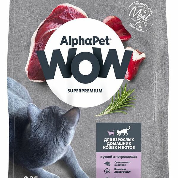 Сухой корм для кошек Alphapet Wow для домашних Утка и Потрошки 350 г