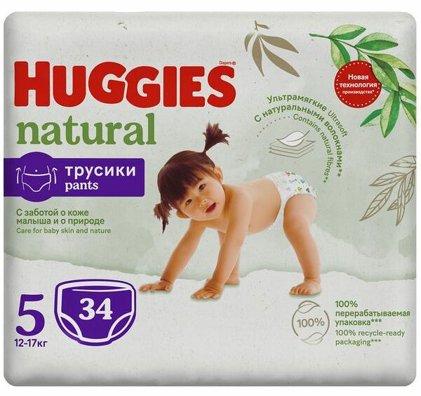 Подгузники-трусики Huggies Natural 12-17 кг, 5 размер, 34 шт