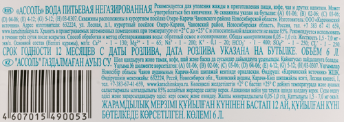 

Вода питьевая Ассоль Карачинская негазированная 6 л