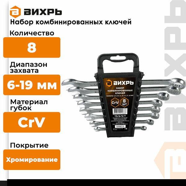 Набор комбинированных гаечных ключей Вихрь 8 шт, серебристый