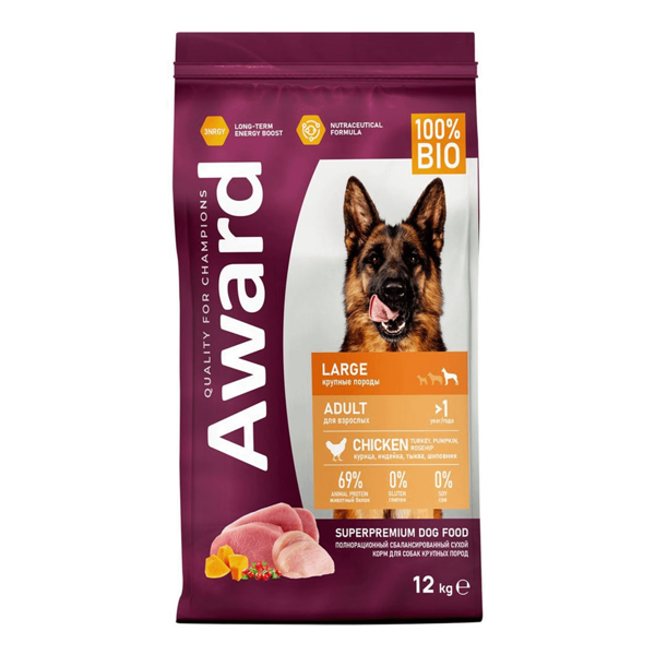 Сухой корм Award с курицей и индейкой с добавлением тыквы и шиповника для собак крупных пород