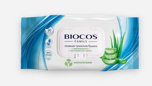 Бумага туалетная влажная Biocos для всей семьи с клапаном, 80 шт.
