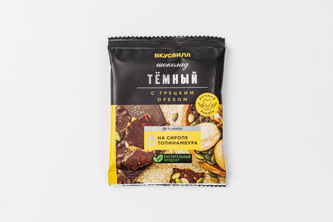 

Шоколад темный ВкусВилл с грецким орехом на сиропе топинамбура 37 г