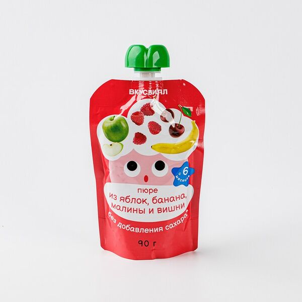 Пюре из яблок, банана, малины и вишни