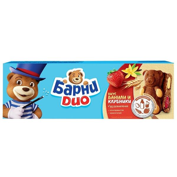 Пирожное бисквитное Медвежонок Барни Duo с клубничной начинкой и начинкой со вкусом ванили, 150 г