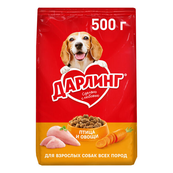 Сухой корм ДАРЛИНГ для взрослых собак, с птицей и добавлением овощей, 500 г