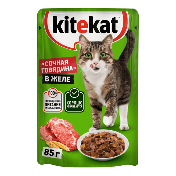 Влажный корм для кошек Kitekat Сочная говядина в желе, 85г