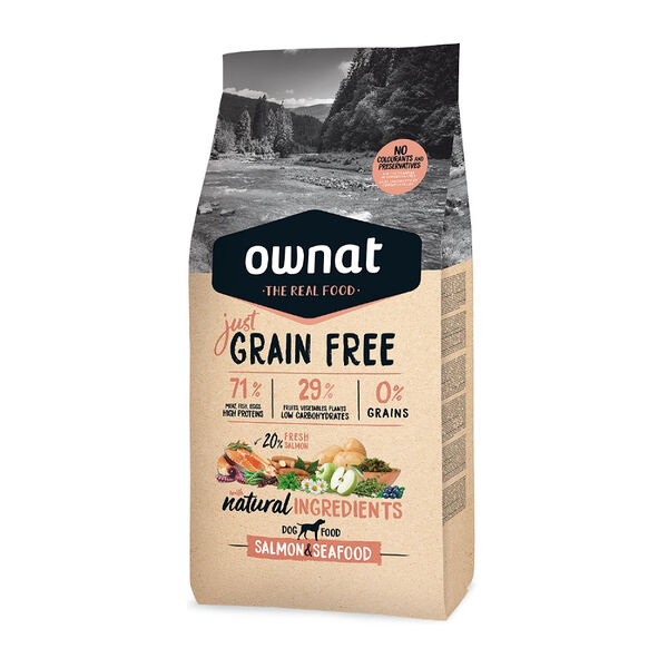 Grain Free Just Сухой корм Ownat беззерновой для собак, с лососем и морепродуктами, 14 кг