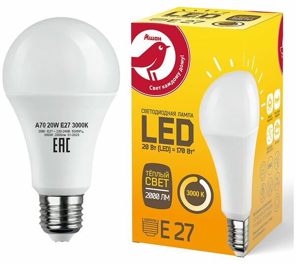 Лампа Ашан Красная птица светодиодная LED груша теплый свет, 20W Е27