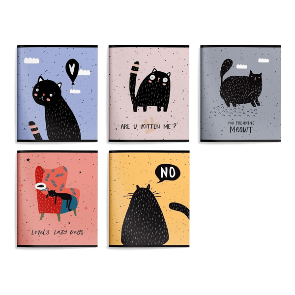 Тетрадь SCHOOLFORMAT Кот-ворчун, А5+, 48 листов, в клетку, на скрепке, в ассортименте