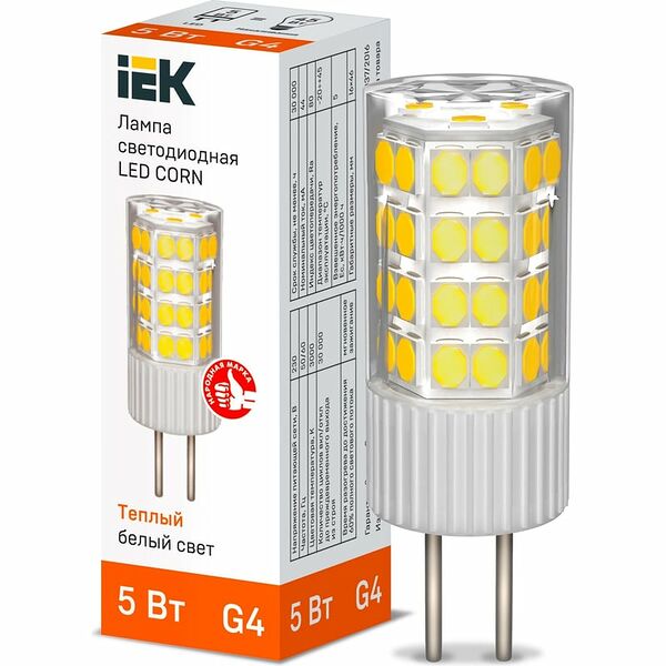 Светодиодная лампа IEK corn капсула 5вт 230В, 3000К, керамика, цоколь G4 (Арт. LLE-CORN-5-230-30-G4)