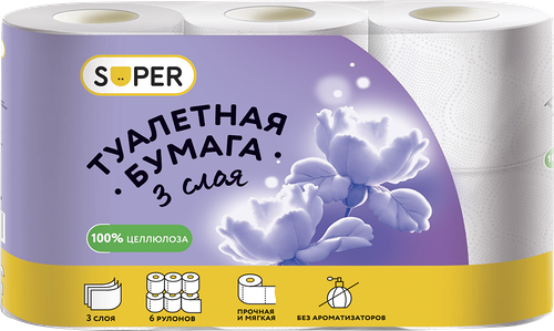 Бумага туалетная Super 3-слоя белая, 6 шт