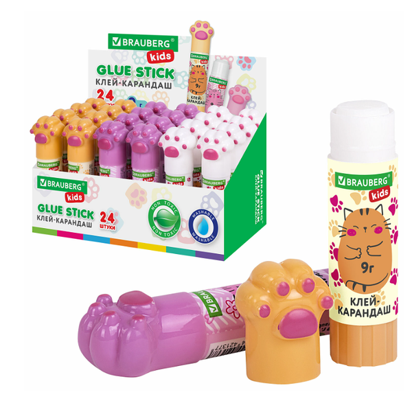 Клей-карандаш BRAUBERG Kids Лапки Cat paw, 9г, фигурный колпачок, в ассортименте 1 шт