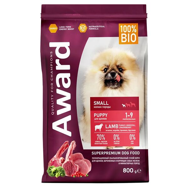 Сухой корм Award для щенков, беременных и кормящих сук мелких и миниатюрных пород, ягненок, индейка, брокколи, брусника