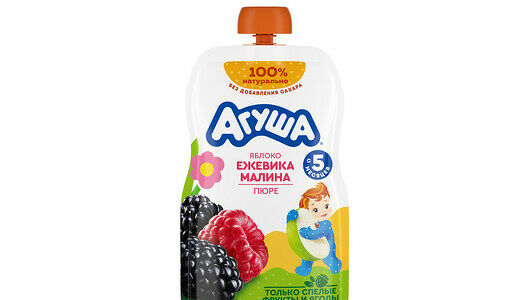 Детское фруктово-ягодное пюре Агуша Яблоко-ежевика-малина, с 5 месяцев, 90г