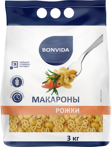 

Макароны Bonvida Рожки высший сорт 3 кг