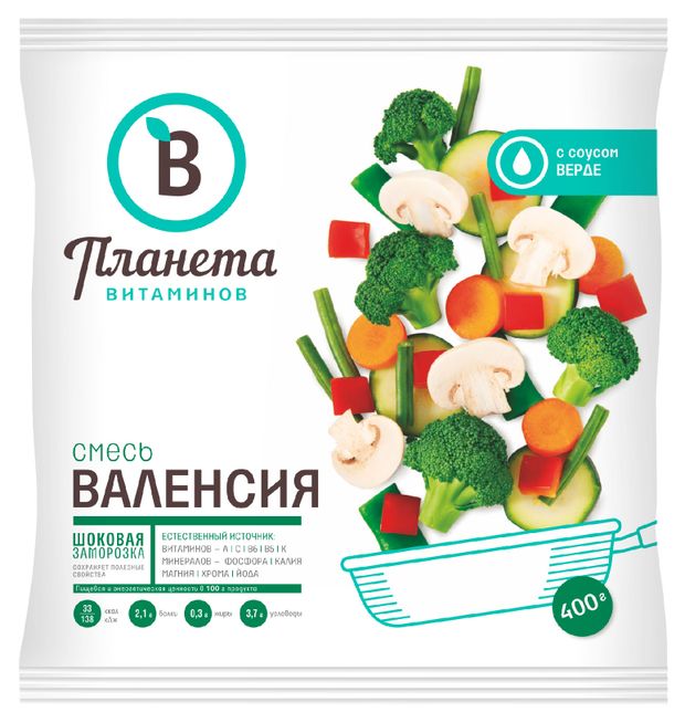 

Смесь овощная Планета Витаминов Валенсия с соусом Верде замороженная 400 г