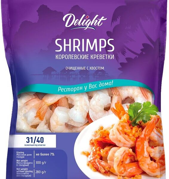 Креветки Delight белоногие 31/40 очищенные с хвостовым плавником варено-мороженые 300г